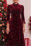 Bourgogne en velours ligne A avec perles, à col montant volanté, longueur midi, robe de fête de Noël à manches 3/4
