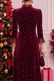 Bourgogne en velours ligne A avec perles, à col montant volanté, longueur midi, robe de fête de Noël à manches 3/4
