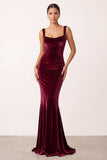 Robe de cérémonie Coupe sirène bourgogne en velours à col carré, longue