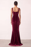 Robe de cérémonie Coupe sirène bourgogne en velours à col carré, longue