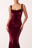 Robe de cérémonie Coupe sirène bourgogne en velours à col carré, longue