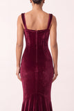 Robe de cérémonie Coupe sirène bourgogne en velours à col carré, longue