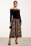 robe de noël midi noire et champagne en velours, ligne A, à épaules dénudées, froncée, en tulle et à manches longues