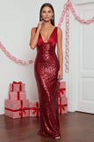 robe de noël longue rouge scintillante à paillettes, coupe sirène, en satin et à col en V