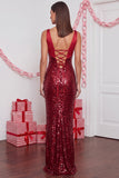 robe de noël longue rouge scintillante à paillettes, coupe sirène, en satin et à col en V