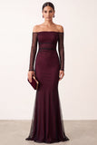 Robe de cérémonie longue rouge, coupe sirène, à épaules dénudées, en tulle transparent et à manches longues