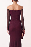 Robe de cérémonie longue rouge, coupe sirène, à épaules dénudées, en tulle transparent et à manches longues