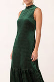 robe de noël midi vert foncé en velours, ligne A, à col montant volanté et perlée