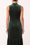 robe de noël midi vert foncé en velours, ligne A, à col montant volanté et perlée