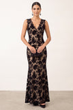 Robe de cérémonie longue noire coupe sirène, à col en V et en dentelle
