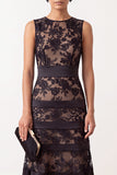 Robe midi florale noire ligne A, à col rond, brodée et en satin