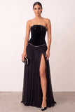 Robe de cérémonie longue noire en velours, ligne A, sans bretelles, plissée, en mousseline, avec perles et fente