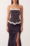 Robe de cérémonie longue noire et blanche en satin, coupe sirène, avec perles, sans bretelles et fente