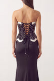Robe de cérémonie longue noire et blanche en satin, coupe sirène, avec perles, sans bretelles et fente
