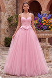 Robe de soirée longue rose ligne A en tulle brodé et perlée sans bretelles