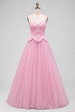 Robe de soirée longue rose ligne A en tulle brodé et perlée sans bretelles