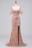Robe de soirée longue rose blush fourreau à épaules dénudées, corset, à paillettes et fente