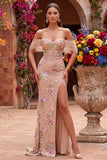 Robe de soirée longue rose blush fourreau à épaules dénudées, corset, à paillettes et fente