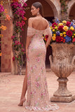 Robe de soirée longue rose blush fourreau à épaules dénudées, corset, à paillettes et fente