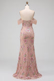 Robe de soirée longue rose blush fourreau à épaules dénudées, corset, à paillettes et fente