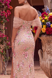 Robe de soirée longue rose blush fourreau à épaules dénudées, corset, à paillettes et fente