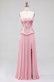 Robe de soirée rose avec corset, à paillettes, plissée, sans bretelles, avec fente latérale