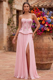 Robe de soirée rose avec corset, à paillettes, plissée, sans bretelles, avec fente latérale