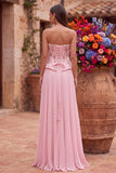 Robe de soirée rose avec corset, à paillettes, plissée, sans bretelles, avec fente latérale