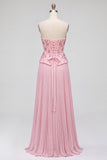 Robe de soirée rose avec corset, à paillettes, plissée, sans bretelles, avec fente latérale