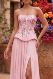 Robe de soirée rose avec corset, à paillettes, plissée, sans bretelles, avec fente latérale