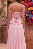 Robe de soirée rose avec corset, à paillettes, plissée, sans bretelles, avec fente latérale