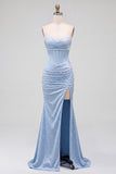 Robe de soirée longue bleue en satin, sirène, corset, avec perles, sans bretelles, froncée et fente latérale