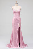 Robe de soirée longue rose en satin coupe sirène à fines bretelles, perlée, avec perles, dos à lacets et fente