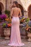 Robe de soirée longue rose en satin coupe sirène à fines bretelles, perlée, avec perles, dos à lacets et fente