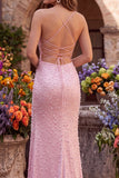 Robe de soirée longue rose en satin coupe sirène à fines bretelles, perlée, avec perles, dos à lacets et fente