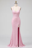Robe de soirée longue rose en satin coupe sirène, corset, à encolure tour de cou, perlée, dos nu et fente