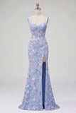 Robe de soirée longue bleue en satin coupe sirène, corset transparent, broderie florale et fente