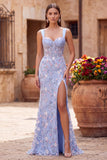 Robe de soirée longue bleue en satin coupe sirène, corset transparent, broderie florale et fente