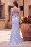 Robe de soirée longue bleue en satin coupe sirène, corset transparent, broderie florale et fente