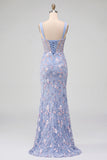 Robe de soirée longue bleue en satin coupe sirène, corset transparent, broderie florale et fente