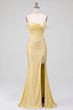 Robe de soirée avec corset et perles, coupe sirène, jaune, à épaules dénudées