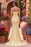 Robe de soirée avec corset et perles, coupe sirène, jaune, à épaules dénudées