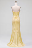 Robe de soirée avec corset et perles, coupe sirène, jaune, à épaules dénudées