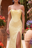 Robe de soirée avec corset et perles, coupe sirène, jaune, à épaules dénudées