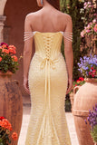 Robe de soirée avec corset et perles, coupe sirène, jaune, à épaules dénudées