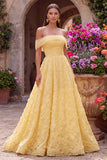 Robe de soirée jaune en tulle, ligne A, à épaules dénudées, avec broderie florale