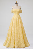 Robe de soirée jaune en tulle, ligne A, à épaules dénudées, avec broderie florale