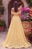 Robe de soirée jaune en tulle, ligne A, à épaules dénudées, avec broderie florale