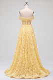 Robe de soirée jaune en tulle, ligne A, à épaules dénudées, avec broderie florale