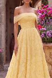 Robe de soirée jaune en tulle, ligne A, à épaules dénudées, avec broderie florale